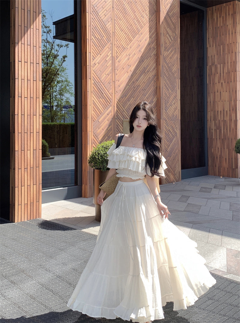 Summer beautiful one-shoulder short top a-line skirt beautiful two-piece suit R0853