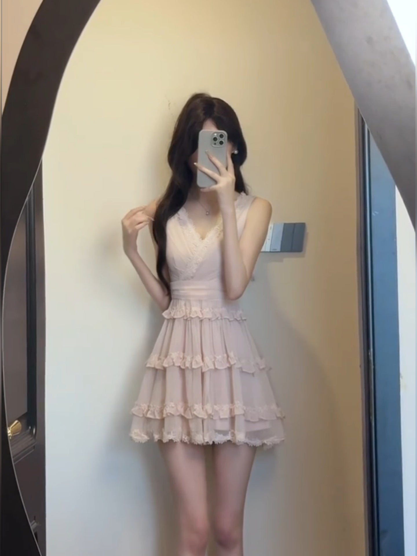 French sweet pink V-neck sleeveless women's summer temperament princess dress waist chiffon skirt R3600