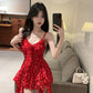 Sweet and sexy floral camisole irregular high waist design slim fit short skirt R3627