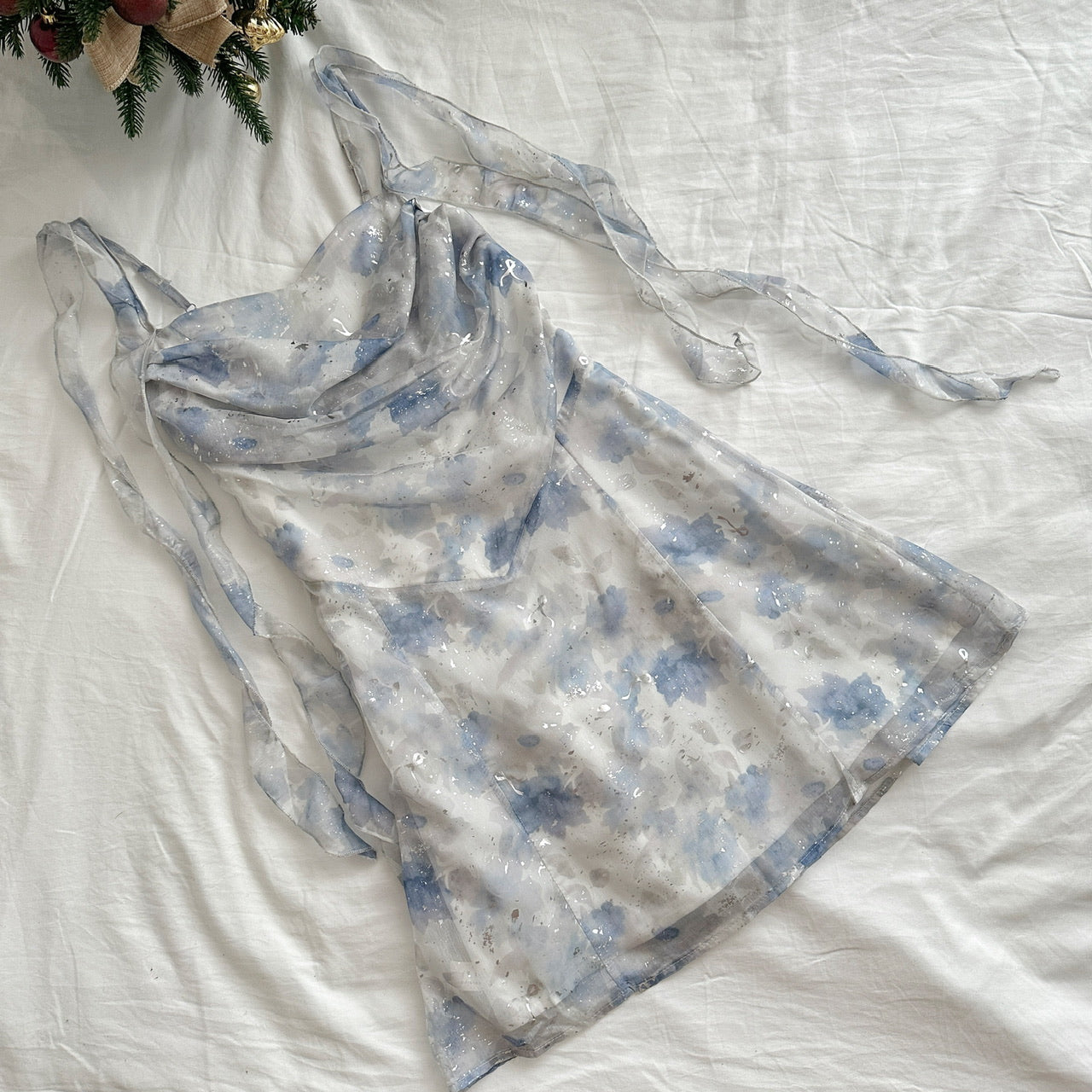 Holiday style floral suspender dress with flared neckline R1982