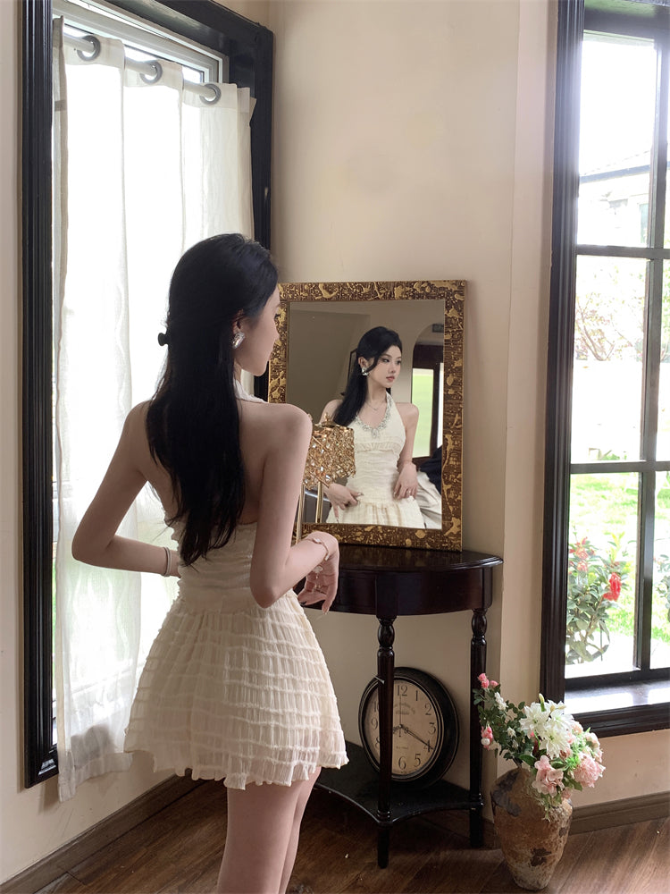 High-end halter neck rhinestone design sleeveless top for petite high waist slimming hip skirt suit R3673