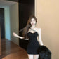 Sexy heavy diamond dress with off-shoulder high waist, slim and slim, short black dress R3674