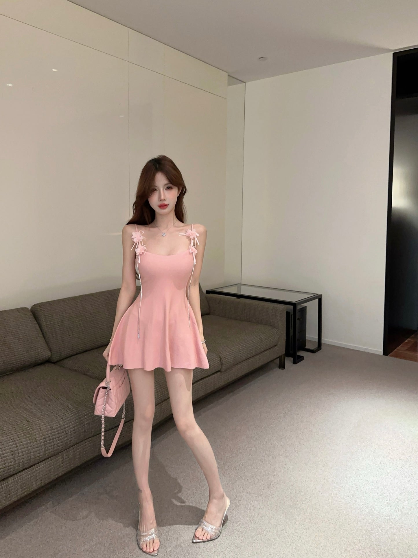 Sweet and sexy pink dress ultra-short slim waist knitted vest dress summer R3634