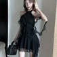 Halter neck ribbon backless little black dress irregular sexy slim fit ruffled dress for women R3708