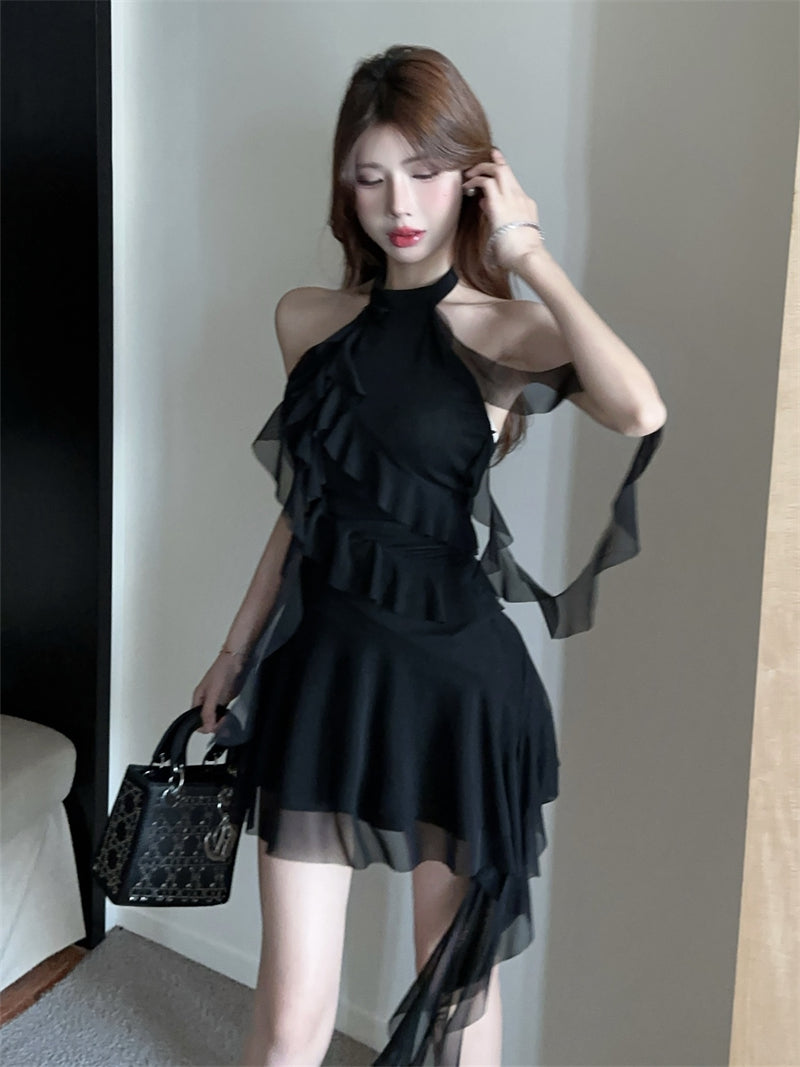 Halter neck ribbon backless little black dress irregular sexy slim fit ruffled dress for women R3708
