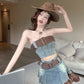 Colorblock retro chic collarbone exposed denim tube top vest high waist slim skirt Hong Kong style suit R3710
