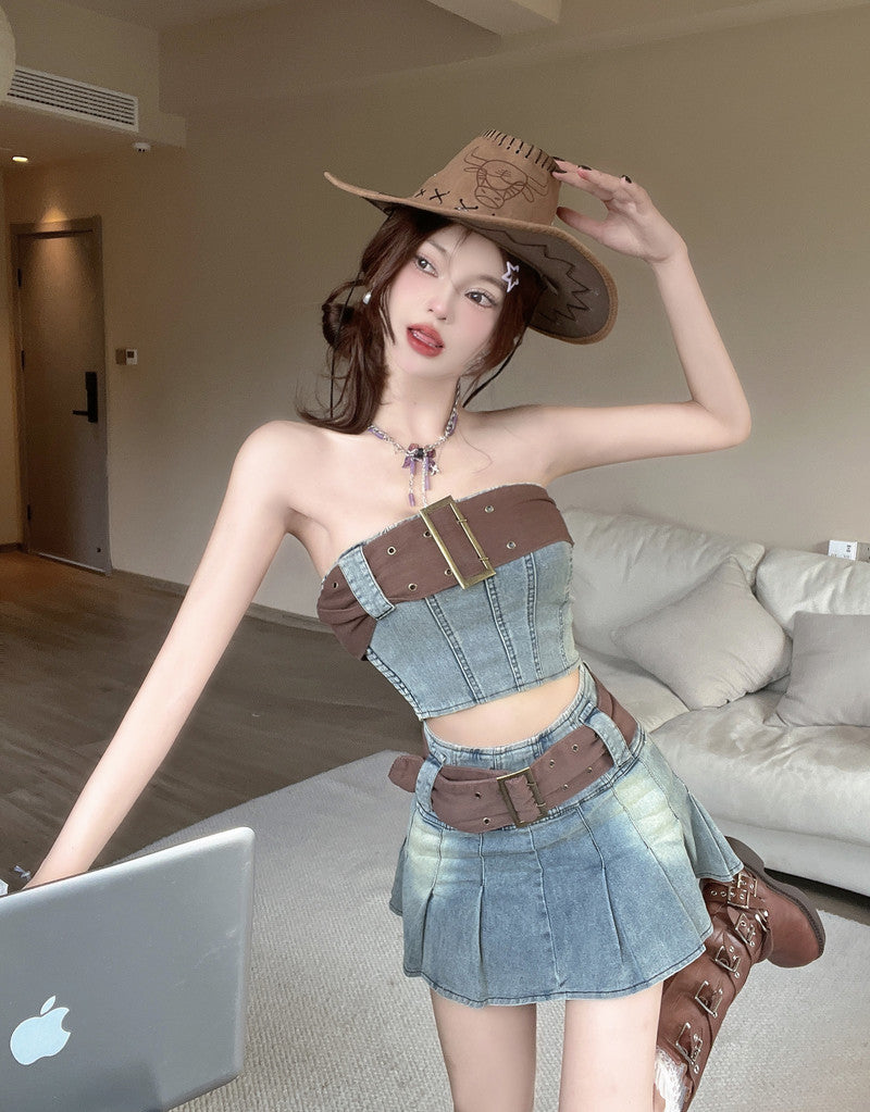 Colorblock retro chic collarbone exposed denim tube top vest high waist slim skirt Hong Kong style suit R3710