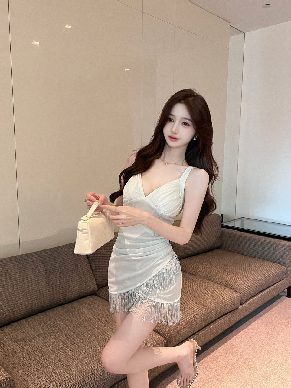 French sexy style irregular tassel skirt dress low-cut slim backless stitching slim hip skirt R3667