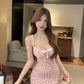 Sweet pure desire style girl dress print slim fit chest pad pink sleeveless hip skirt R3633