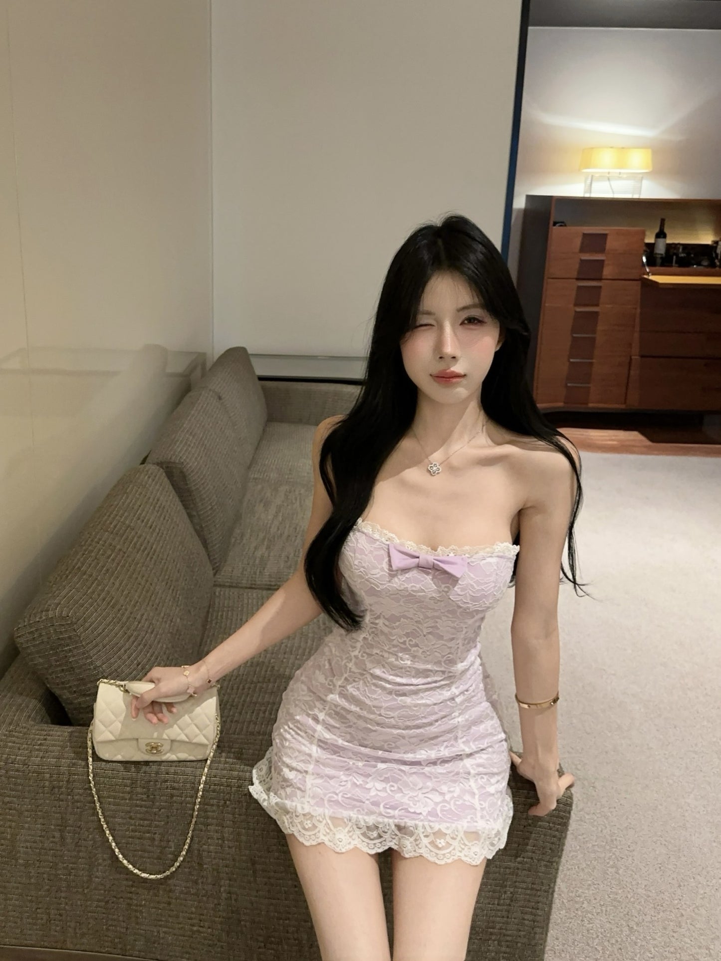 Pure lace tube top dress with bowknot slim fit petite French sexy hip skirt R3668