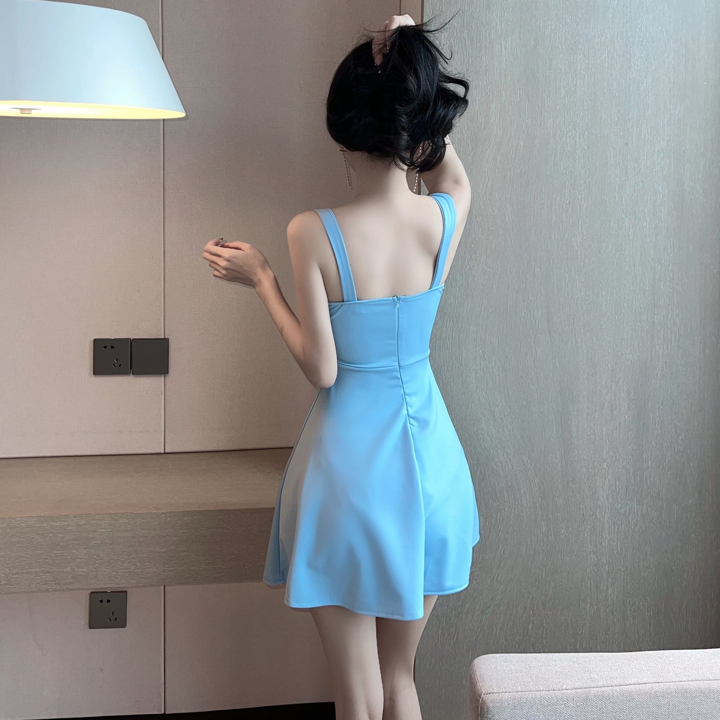 French Hepburn sexy hollow backless sling little black dress temperament waist short dress R3707