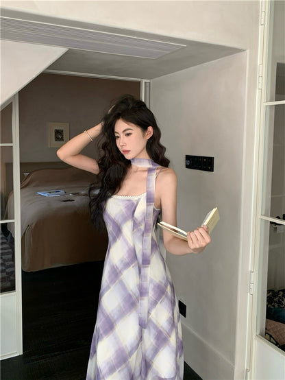 Gentle temperament purple plaid suspender dress beautiful waist A-line long skirt R0734