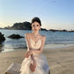 White hollow suspender dress gentle temperament waist backless A-line long skirt R0596