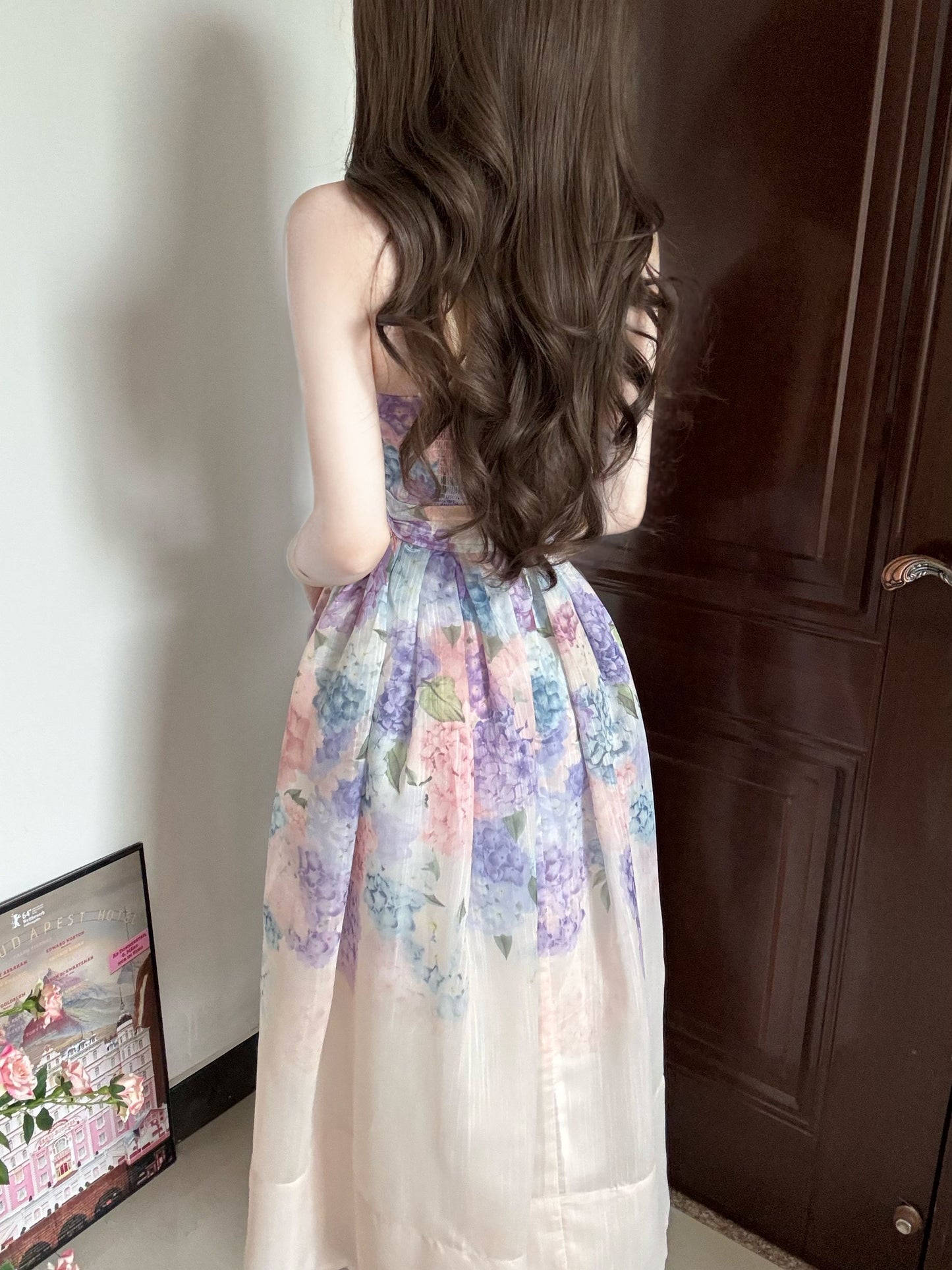 Oil painting floral suspender dress with elegant waist and beautiful small skirt R0597