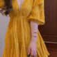 Yellow v-neck dress new style seaside holiday temperament waist a-line skirt R0678