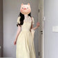Holiday gentle style yellow jacquard puff sleeve dress unique beautiful waist temperament long skirt R0447