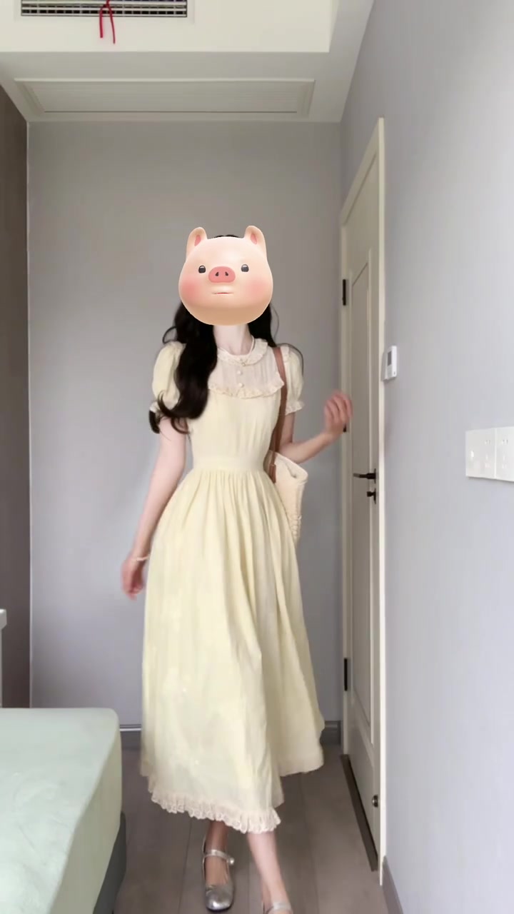 Holiday gentle style yellow jacquard puff sleeve dress unique beautiful waist temperament long skirt R0447