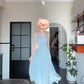 French gentle style blue V-neck suspender skirt 2025 new seaside holiday style waist temperament dress R0443