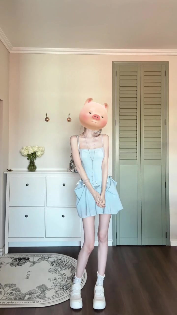 One dress for multiple wears, holiday style blue bow suspender dress, gentle temperament, beautiful long dress R0446