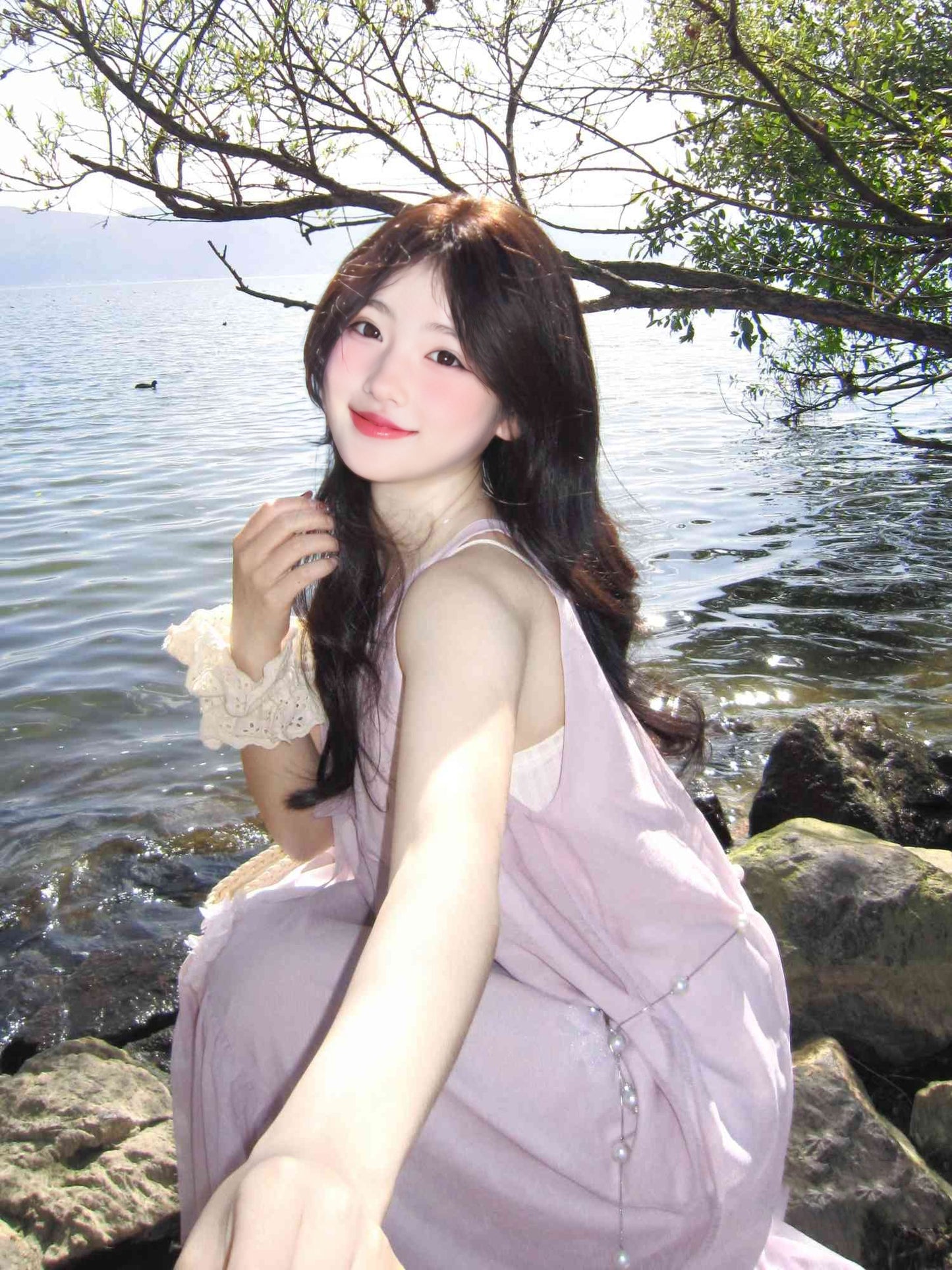 Gentle and sweet style pink sleeveless halter dress holiday style super beautiful loose skirt R0439