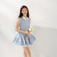 Blue shirt collar vest dress with multi-layered puffy patchwork waist sleeveless dress R5174