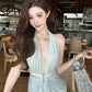 Blue v-neck hollow sleeveless halter dress temperament waist banquet dress R0547