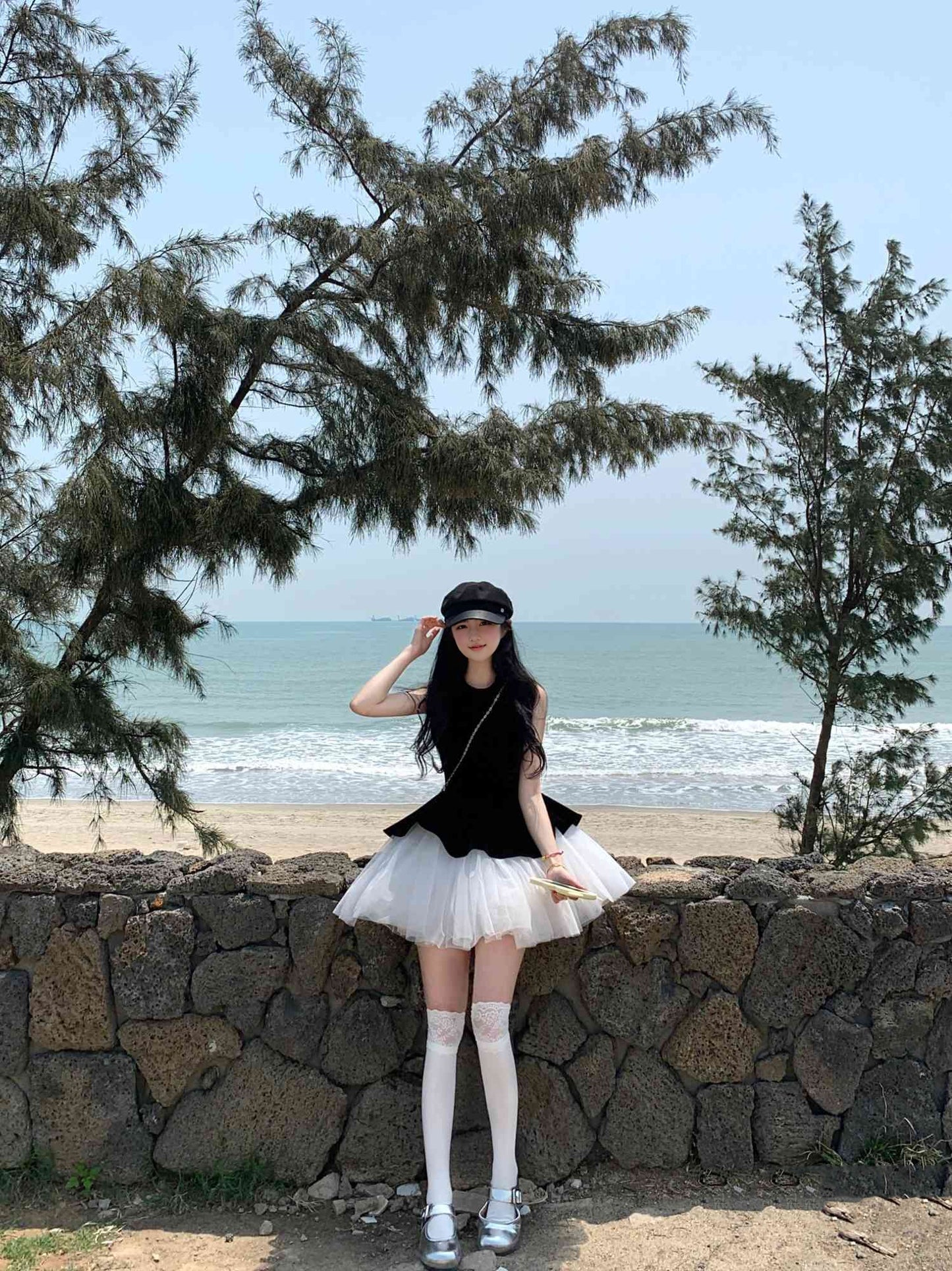 Black sleeveless vest dress temperament waist puffy short skirt R0545