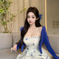 Blue floral suspender dress gentle temperament beautiful waist bud short skirt R0784