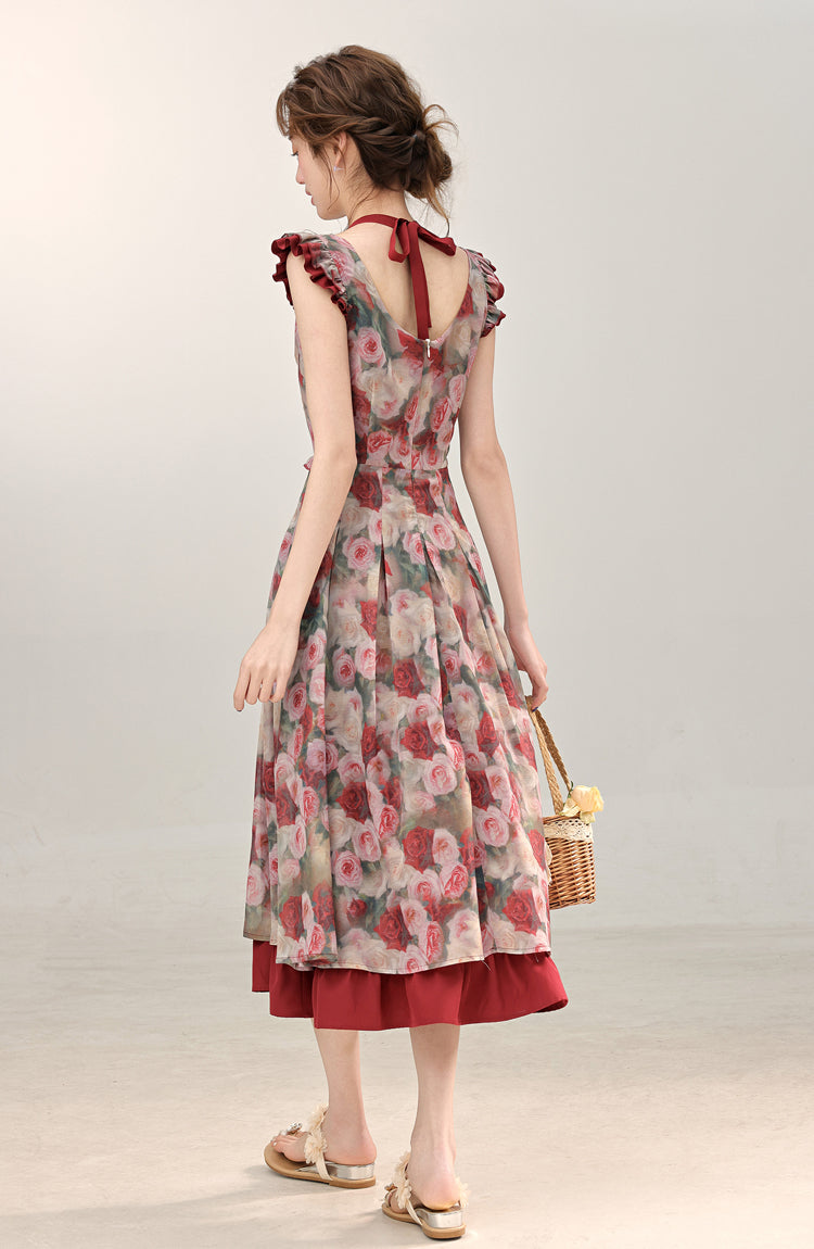 French retro red floral dress women's new beautiful long dress R1941