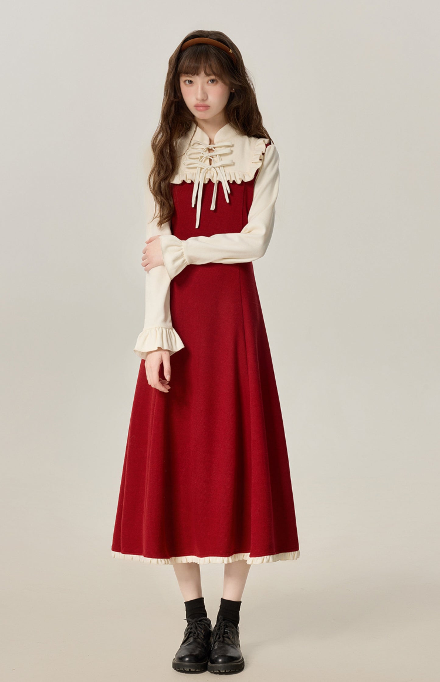 French girl style fake two piece red dress female 2025 new style skirt R1963