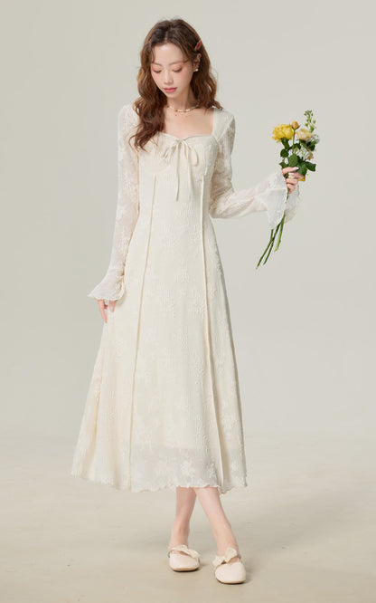 Temperament gentle style apricot floral dress women's new square neck dress R1955