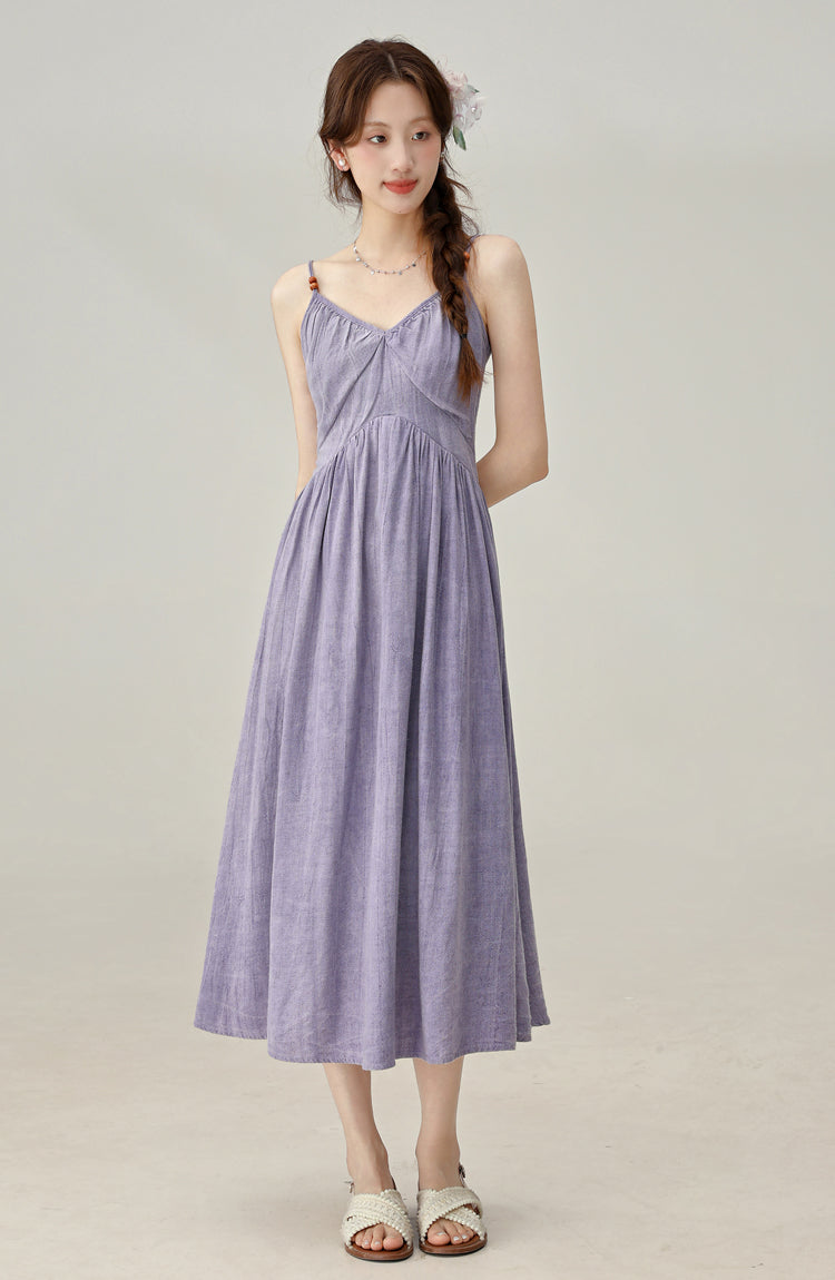 Retro Gentle Style Purple White Suspender Dress Women's Holiday Long Dress R1953