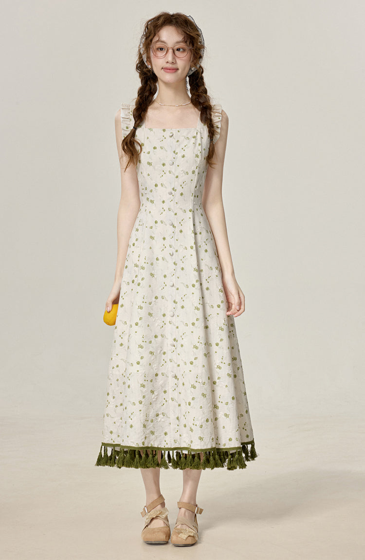 Summer temperament first love series white floral dress green sunscreen shirt R1957