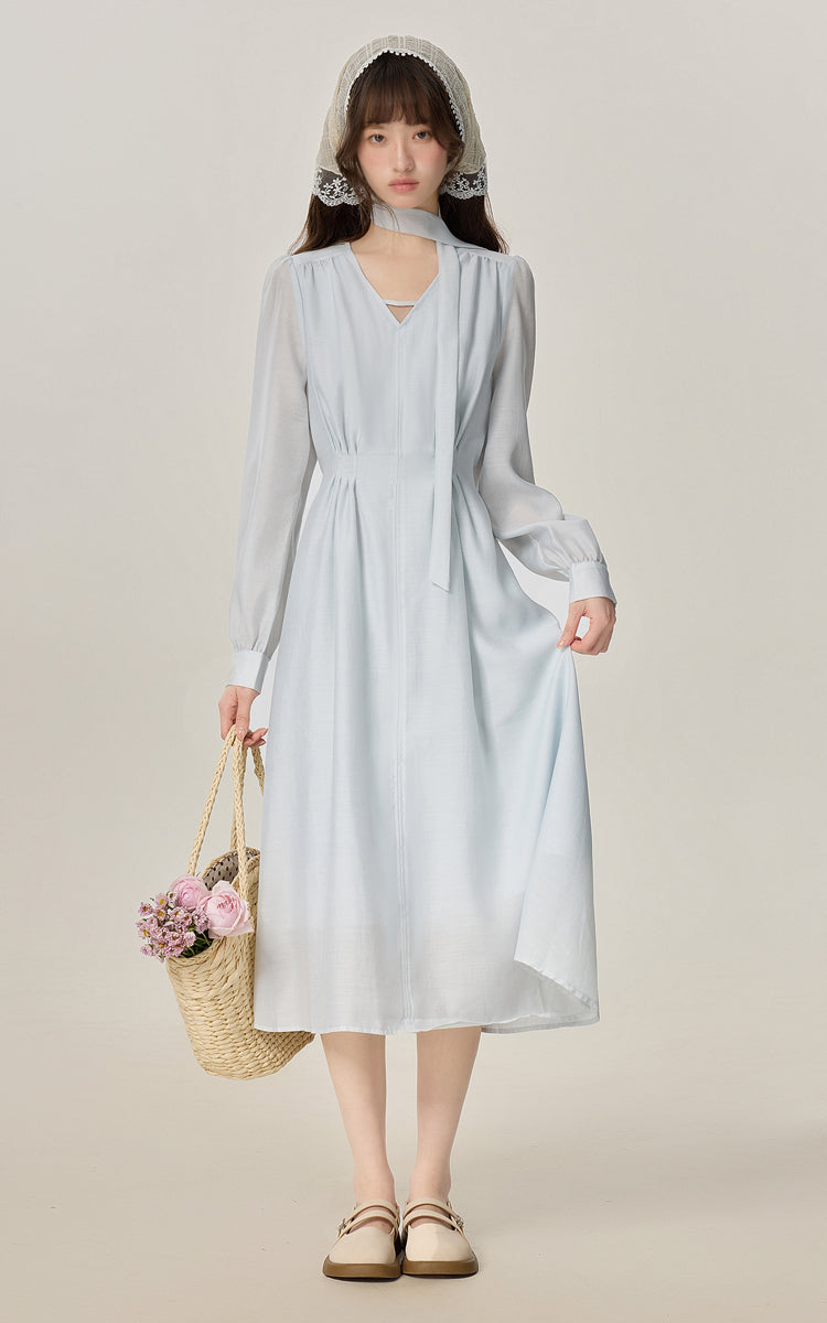 Temperament gentle style blue V-neck dress female 2025 new style skirt R1954