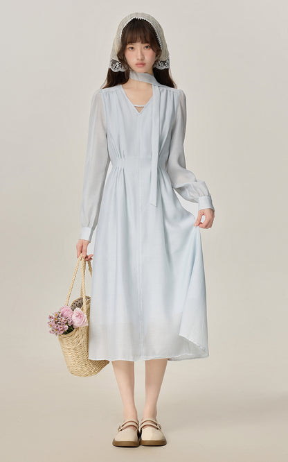 Temperament gentle style blue V-neck dress female 2025 new style skirt R1954