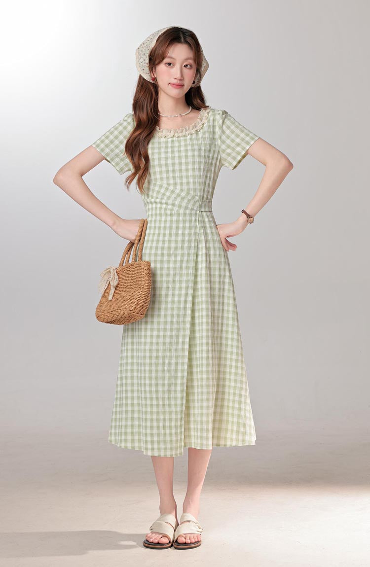 Summer fresh and sweet green plaid dress for women with waist-length dress R1964