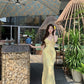 Yellow v-neck floral dress with ruffles, beautiful and unique waist-hugging hip skirt R0500