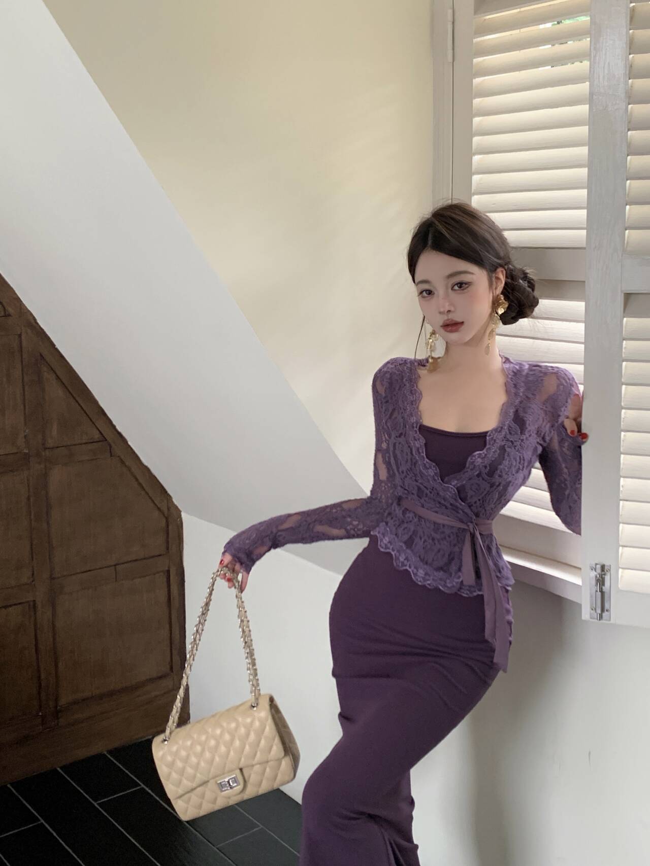 Purple lace cardigan slim fit hip fishtail sling dress two piece suit royal sister skirt R0505