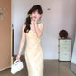 Gentle style yellow v-neck floral dress beautiful temperament waist slim long dress R0503