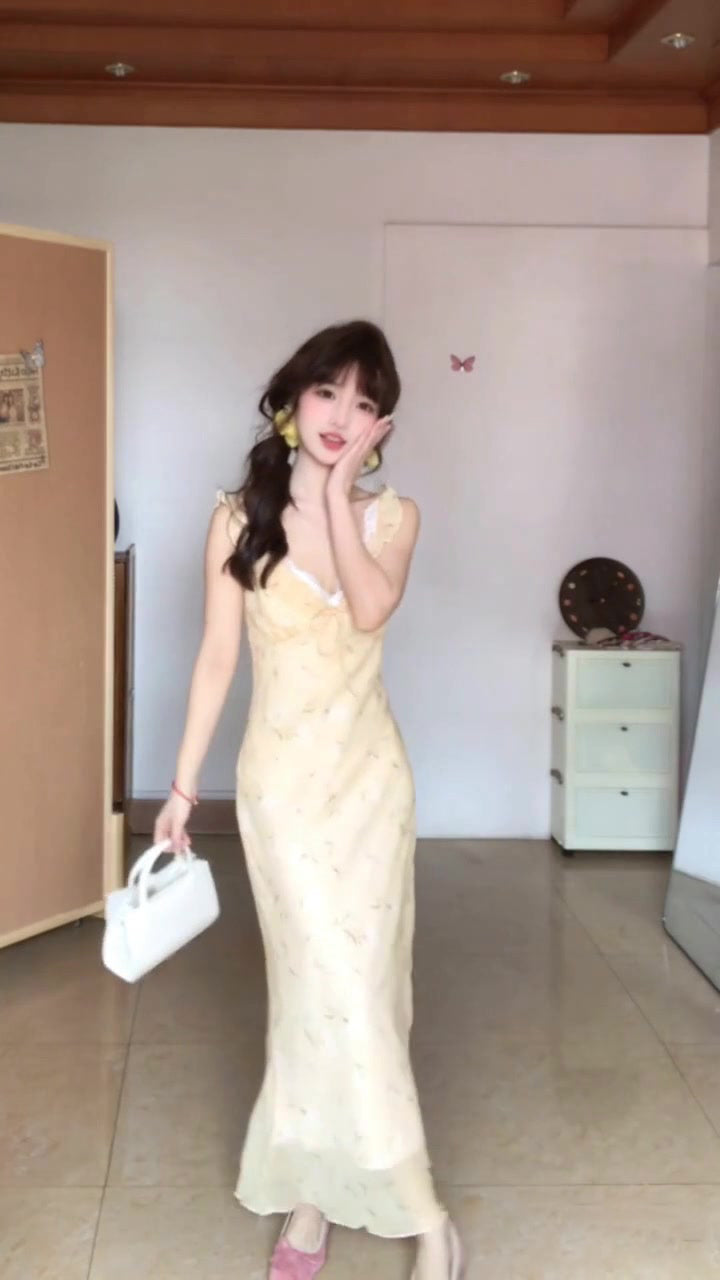 Gentle style yellow v-neck floral dress beautiful temperament waist slim long dress R0503