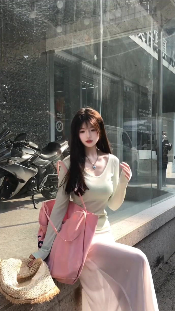 2025 Cool and Relaxed Wear Set Green Long-sleeved T-shirt Vest Skirt Three-piece Set R0497