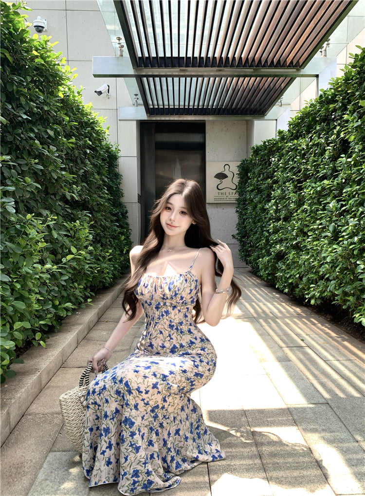 Tea break floral suspender dress gentle temperament waist slim fit A-line skirt R0499