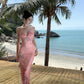 Travel wear printed deep v suspender dress sexy backless beach dress R1596