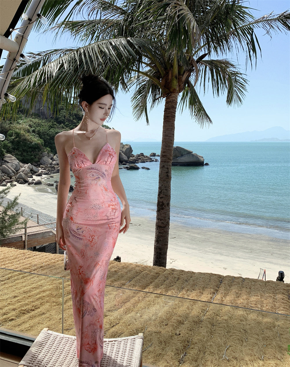 Travel wear printed deep v suspender dress sexy backless beach dress R1596