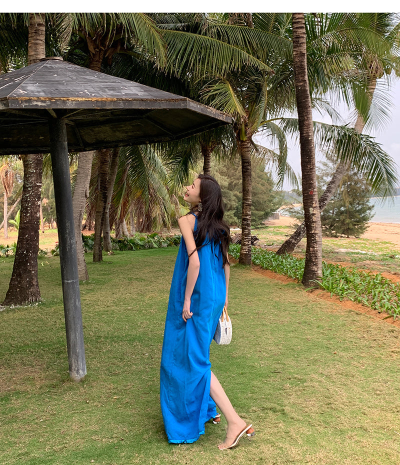 Klein blue sleeveless suspender dress loose lazy style seaside holiday atmosphere dress R1633