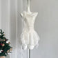 New White Off-shoulder Chiffon Dress Waist Short Fairy Cake Skirt with Flowers R1989