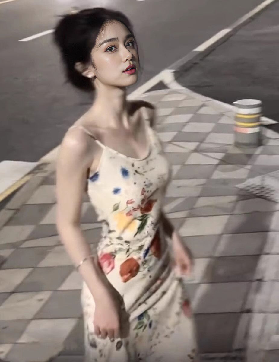Floral suspender dress Slim fit temperament waist hip long skirt R0607