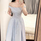 Blue jacquard suspender dress with a slender neckline and a fluffy long skirt. R0524