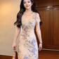 Purple lace patchwork v-neck short-sleeved dress with slim waist and hip skirt R0523