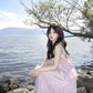Gentle pink sleeveless halter neck dress beautiful loose skirt R0528